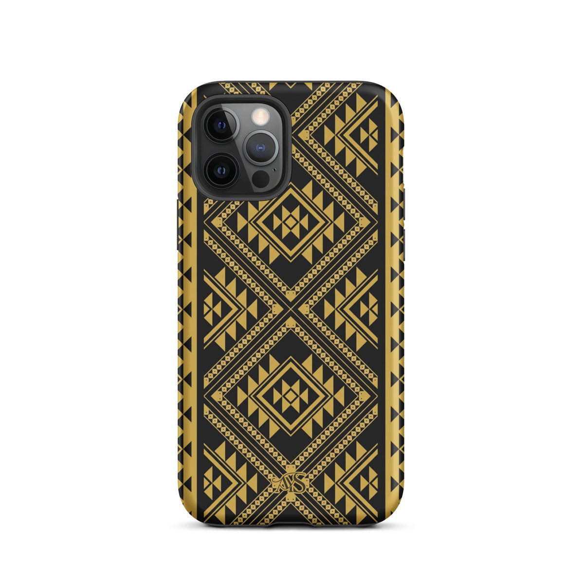 Midnight Prestige Geometric Tough Phone Case with a black-and-gold pattern and AYS logo at the bottom, designed for iPhone 12 Pro
