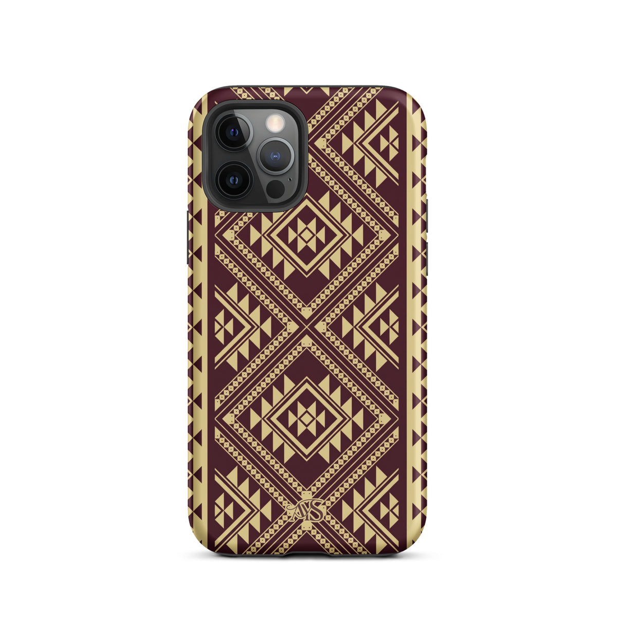 Burgundy Rose Geometric Tough Phone Case with a burgundy-and-rose gold pattern and AYS logo at the bottom, designed for iPhone 12 Pro