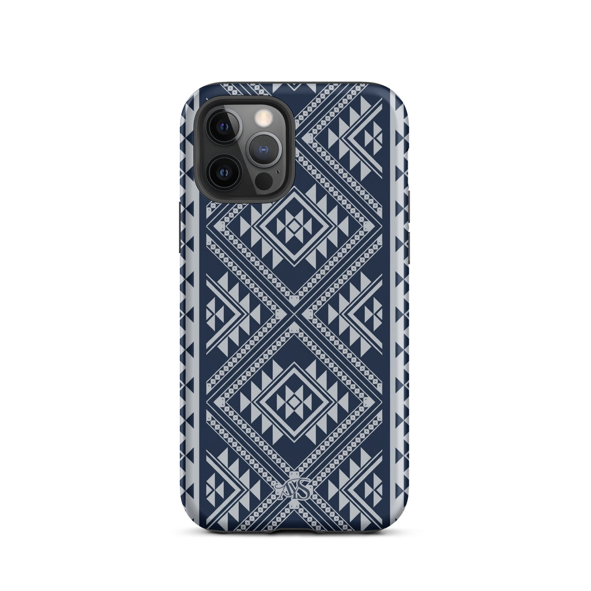 Royal Navy Geometric Tough Phone Case with a Royal Navy-and-silver pattern and AYS logo at the bottom, designed for iPhone 12 Pro