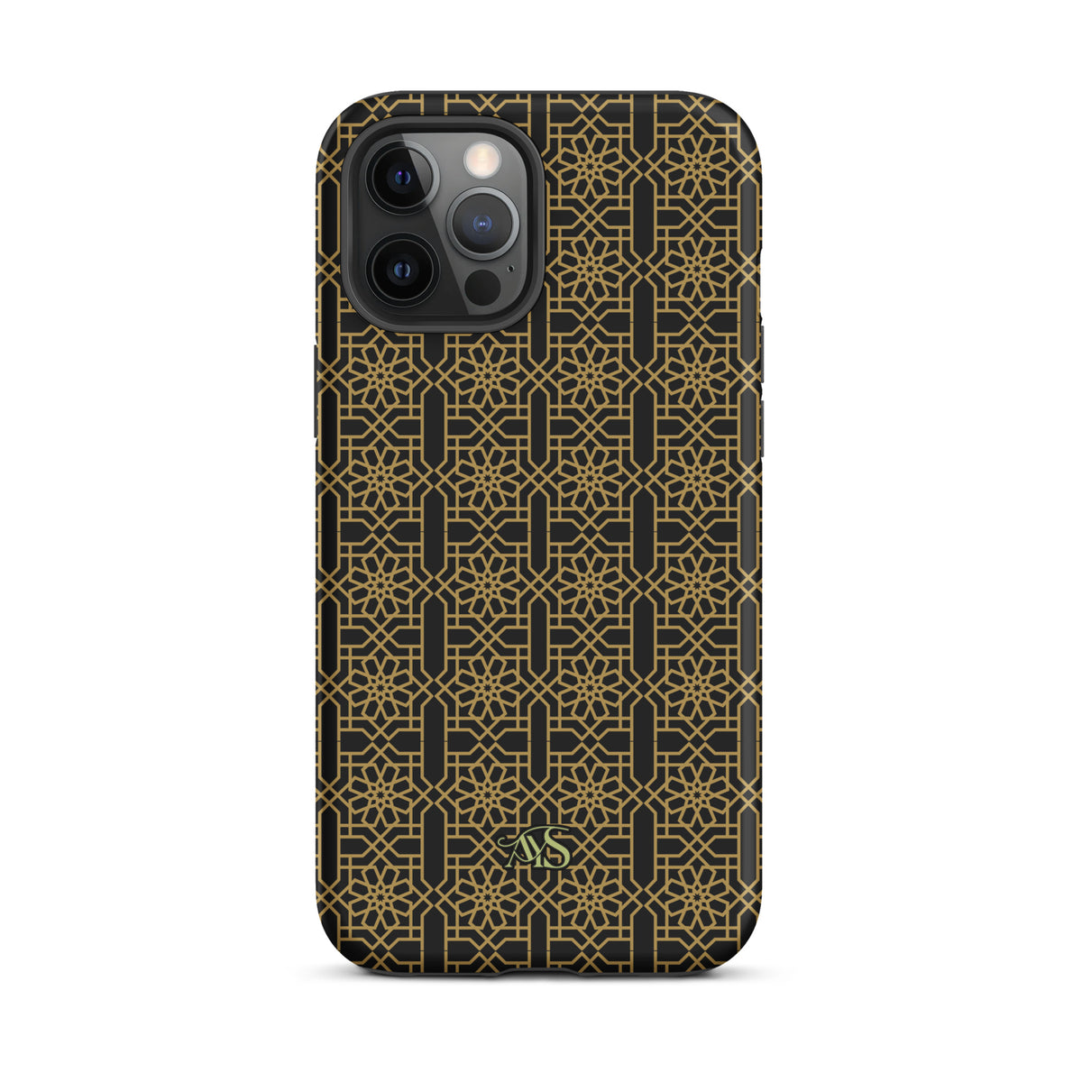 Midnight Gold Noor Tough Phone Case with a black-and-gold pattern and AYS logo at the bottom, designed for iPhone 12 Pro Max