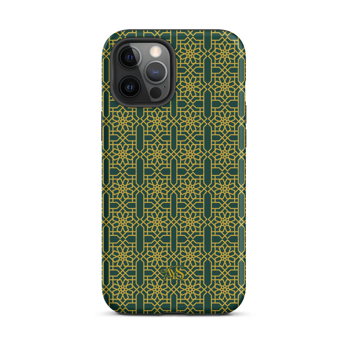 Emerald Gold Noor Tough Phone Case with a green-and-gold pattern and AYS logo at the bottom, designed for iPhone 12 Pro Max