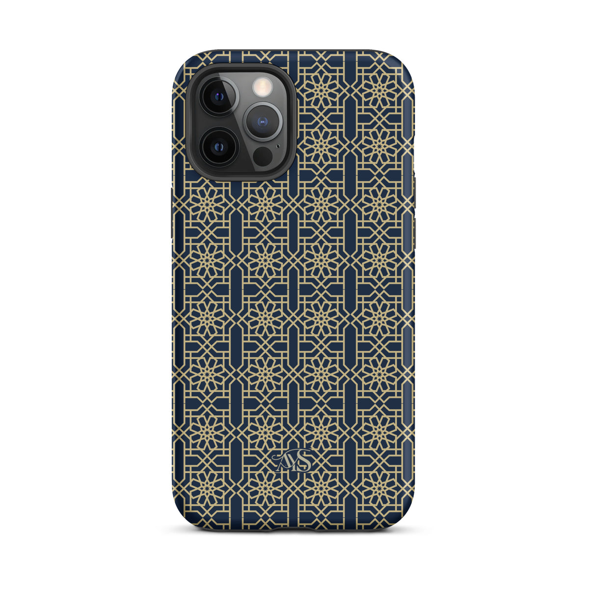 Royal Navy Noor Tough Phone Case with a blue-and-gold pattern and AYS logo at the bottom, designed for iPhone 12 Pro Max