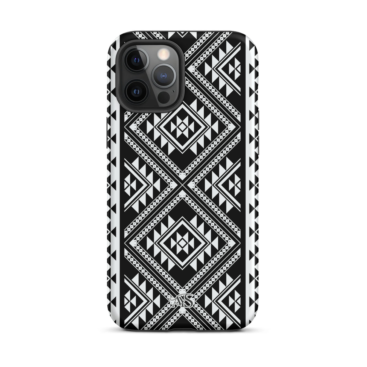 Monochrome Geometric Tough Phone Case with a black-and-white pattern and AYS logo at the bottom, designed for iPhone 12 Pro Max