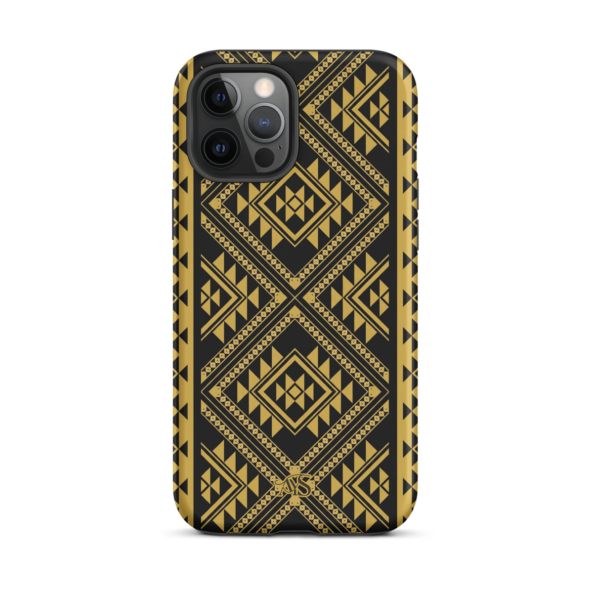 Midnight Prestige Geometric Tough Phone Case with a black-and-gold pattern and AYS logo at the bottom, designed for iPhone 12 Pro Max