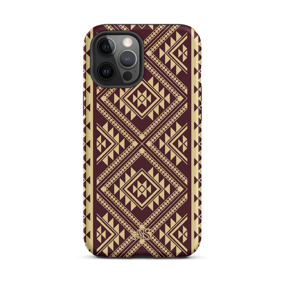 Burgundy Rose Geometric Tough Phone Case with a burgundy-and-rose gold pattern and AYS logo at the bottom, designed for iPhone 12 Pro Max