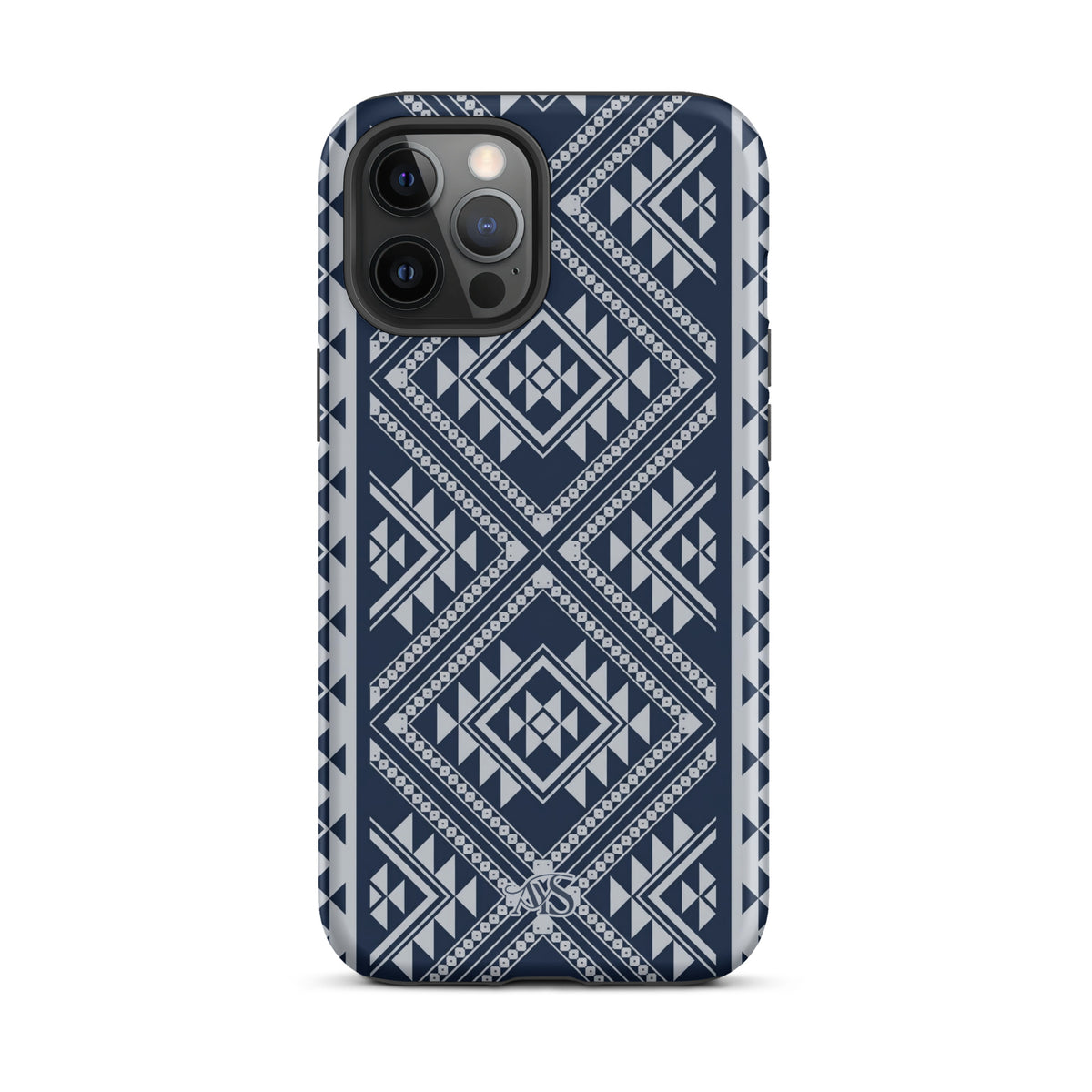 Royal Navy Geometric Tough Phone Case with a Royal Navy-and-silver pattern and AYS logo at the bottom, designed for iPhone 12 Pro Max