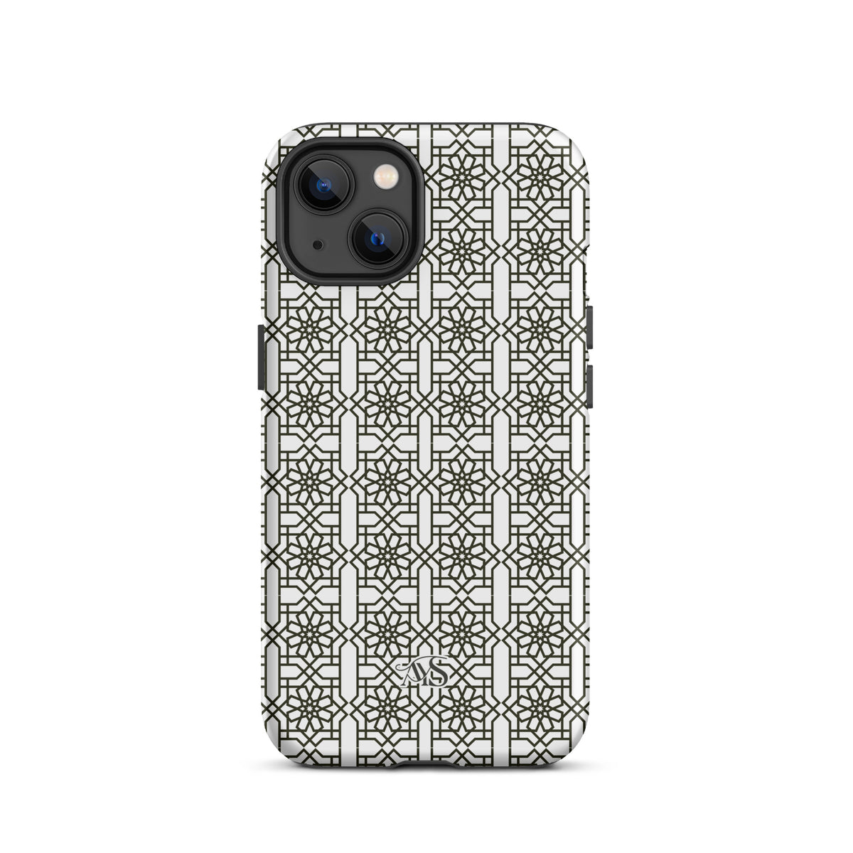 White Classic Noor geometric tough phone case with a black-and-white pattern and AYS logo at the bottom, designed for iPhone 13