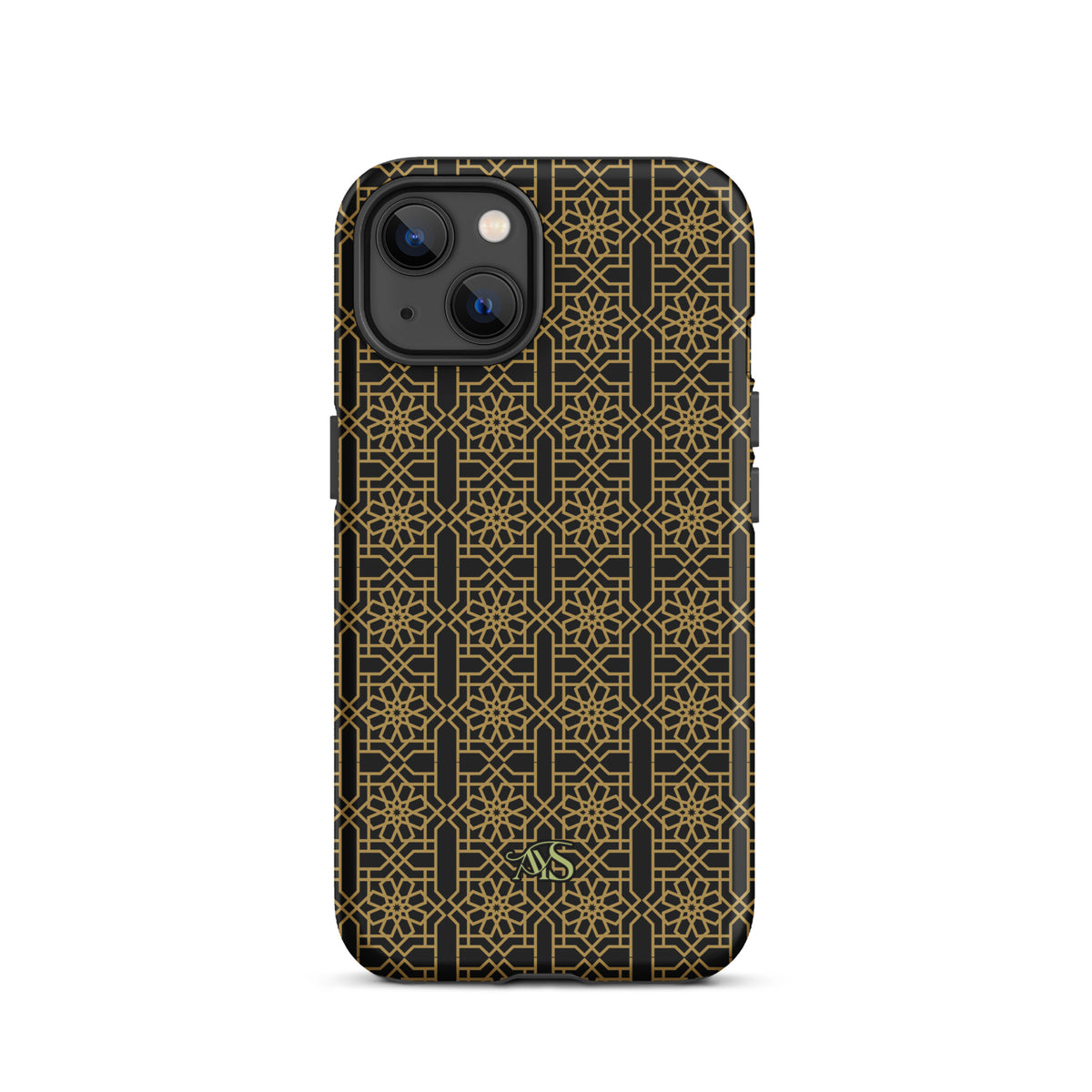 Midnight Gold Noor Tough Phone Case with a black-and-gold pattern and AYS logo at the bottom, designed for iPhone 13
