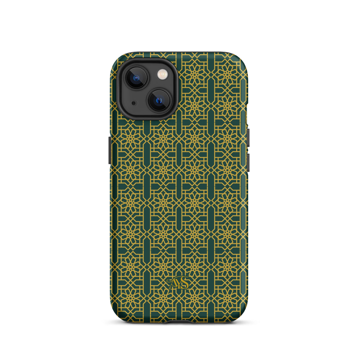 Emerald Gold Noor Tough Phone Case with a green-and-gold pattern and AYS logo at the bottom, designed for iPhone 13