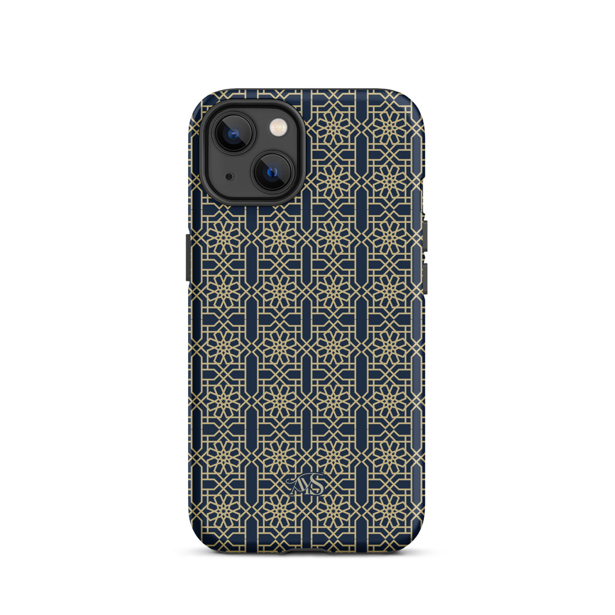 Royal Navy Noor Tough Phone Case with a blue-and-gold pattern and AYS logo at the bottom, designed for iPhone 13
