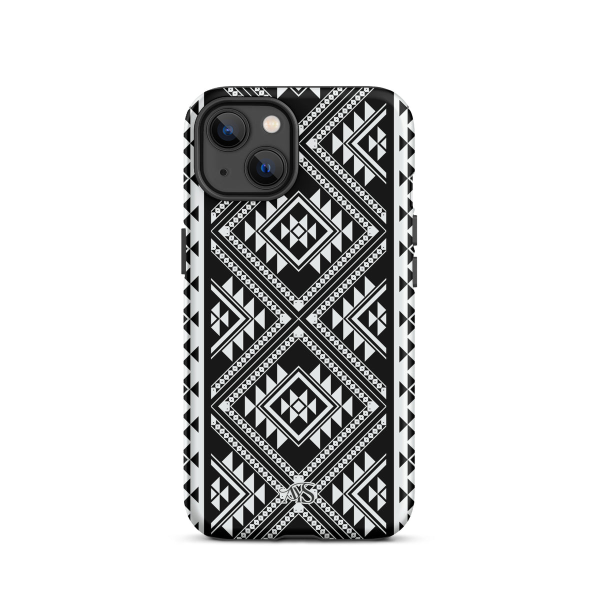 Monochrome Geometric Tough Phone Case with a black-and-white pattern and AYS logo at the bottom, designed for iPhone 13