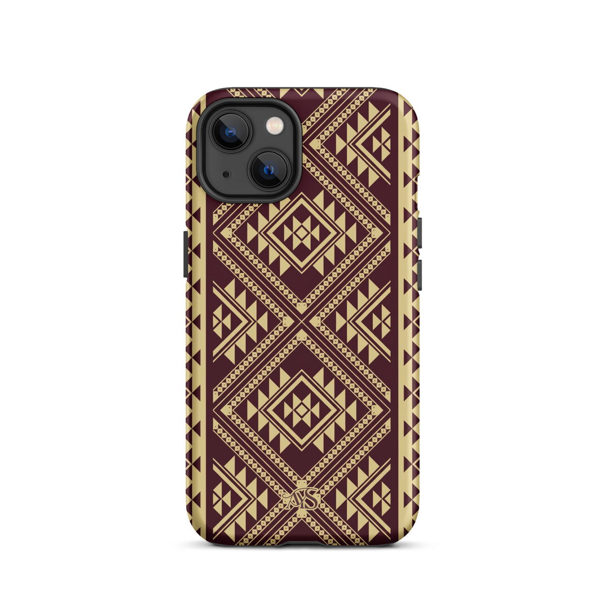 Burgundy Rose Geometric Tough Phone Case with a burgundy-and-rose gold pattern and AYS logo at the bottom, designed for iPhone 13