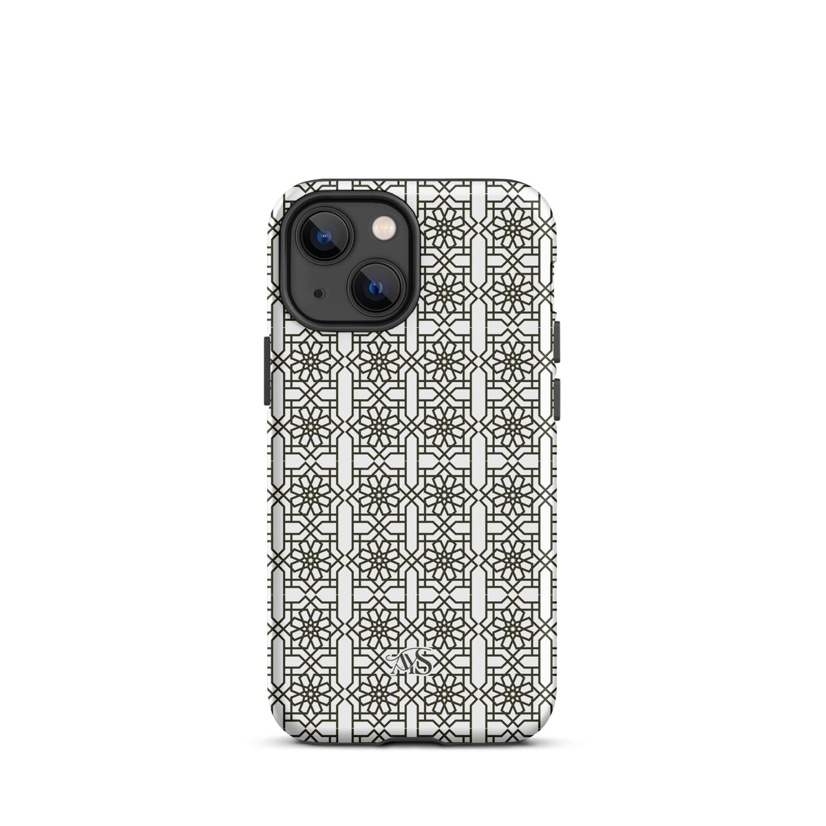 White Classic Noor geometric tough phone case with a black-and-white pattern and AYS logo at the bottom, designed for iPhone 13 mini