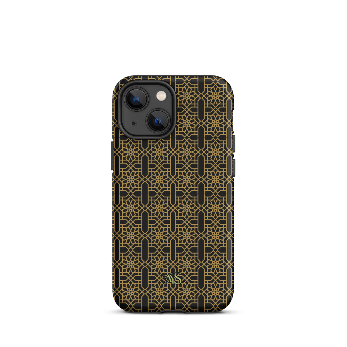 Midnight Gold Noor Tough Phone Case with a black-and-gold pattern and AYS logo at the bottom, designed for iPhone 13 mini