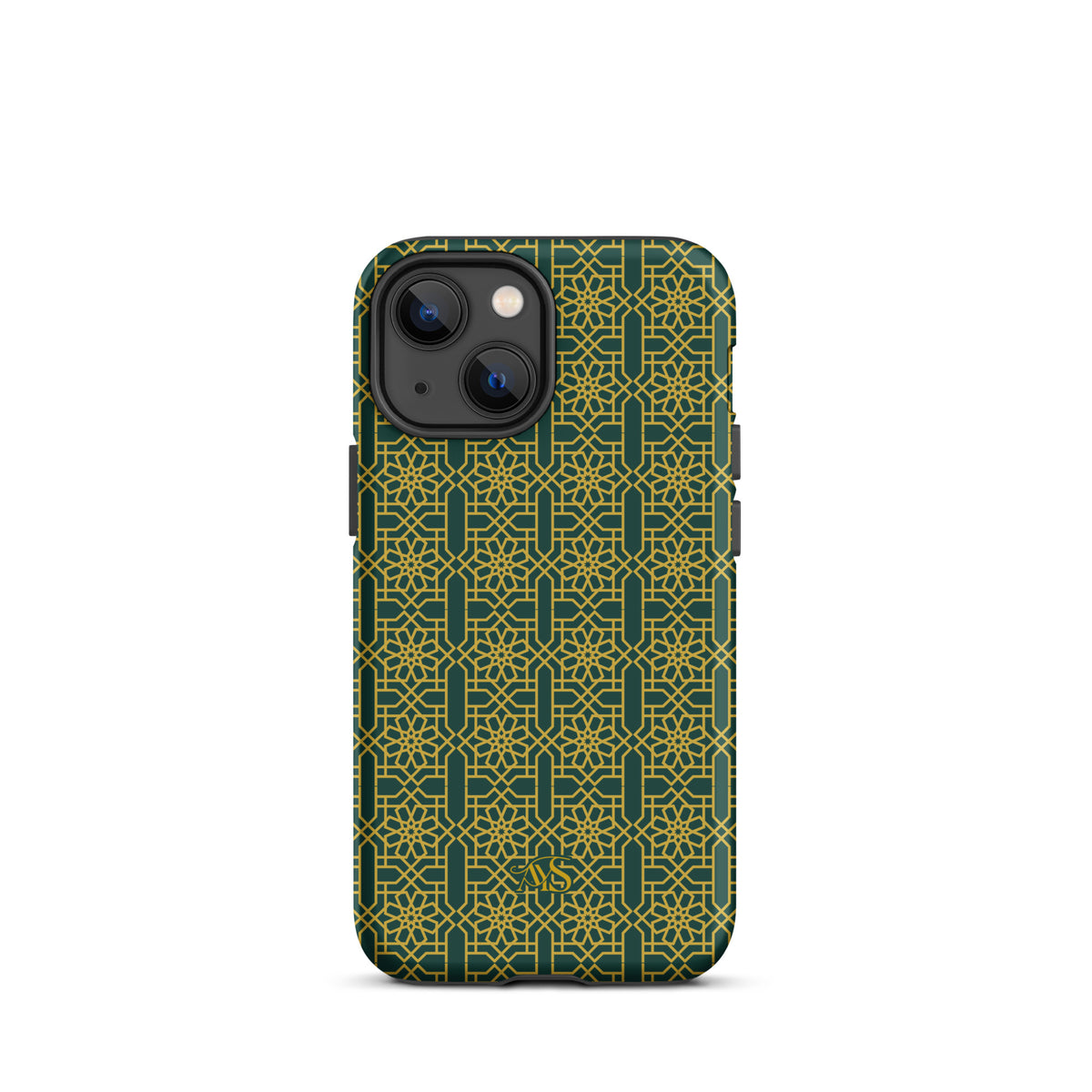 Emerald Gold Noor Tough Phone Case with a green-and-gold pattern and AYS logo at the bottom, designed for iPhone 13 mini