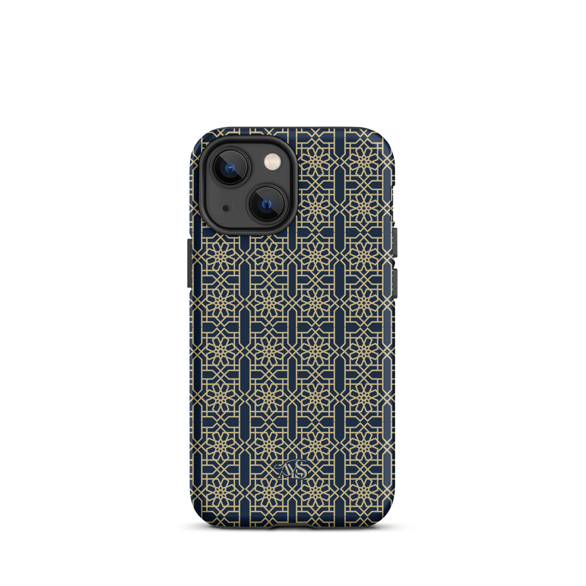Royal Navy Noor Tough Phone Case with a blue-and-gold pattern and AYS logo at the bottom, designed for iPhone 13 mini