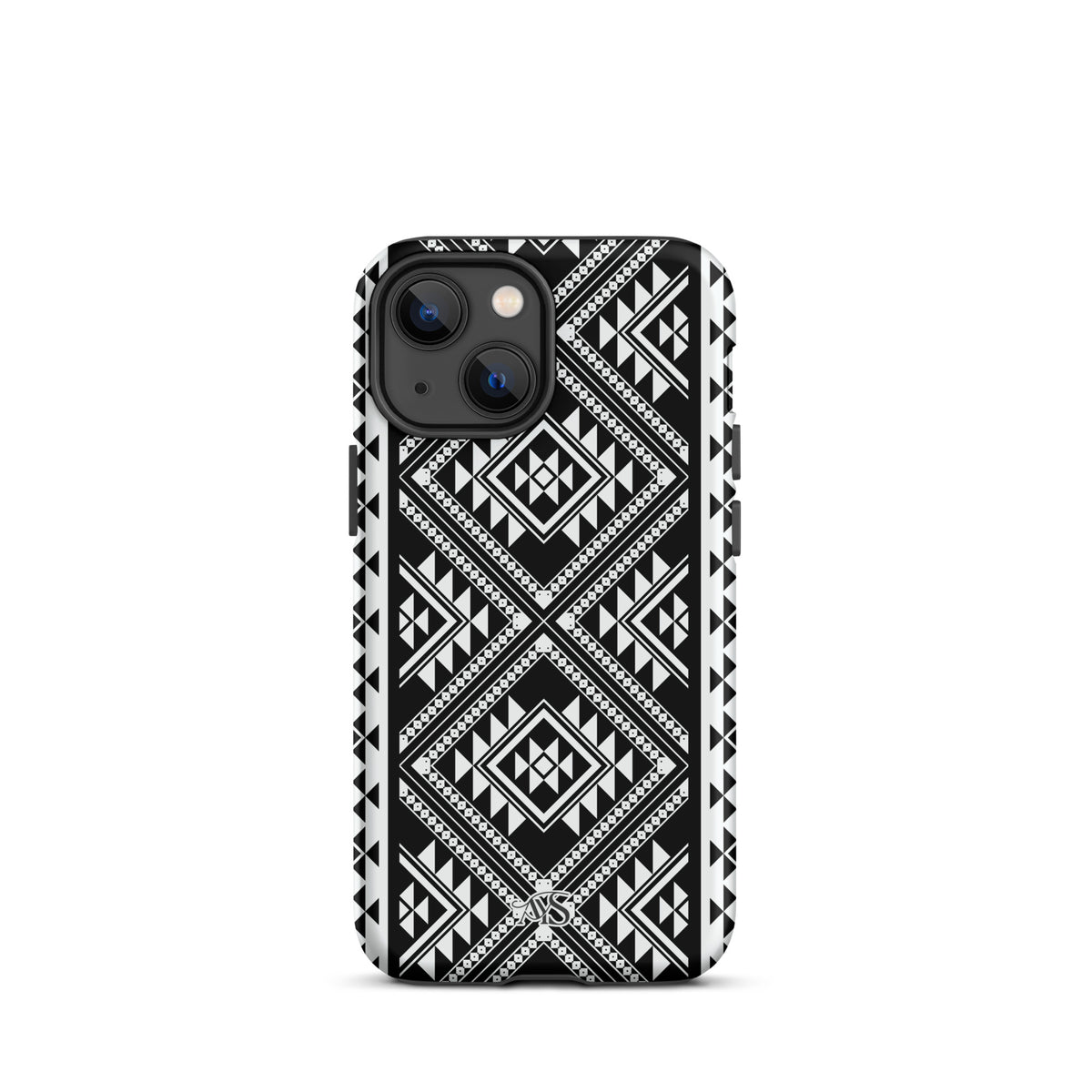 Monochrome Geometric Tough Phone Case with a black-and-white pattern and AYS logo at the bottom, designed for iPhone 13 mini