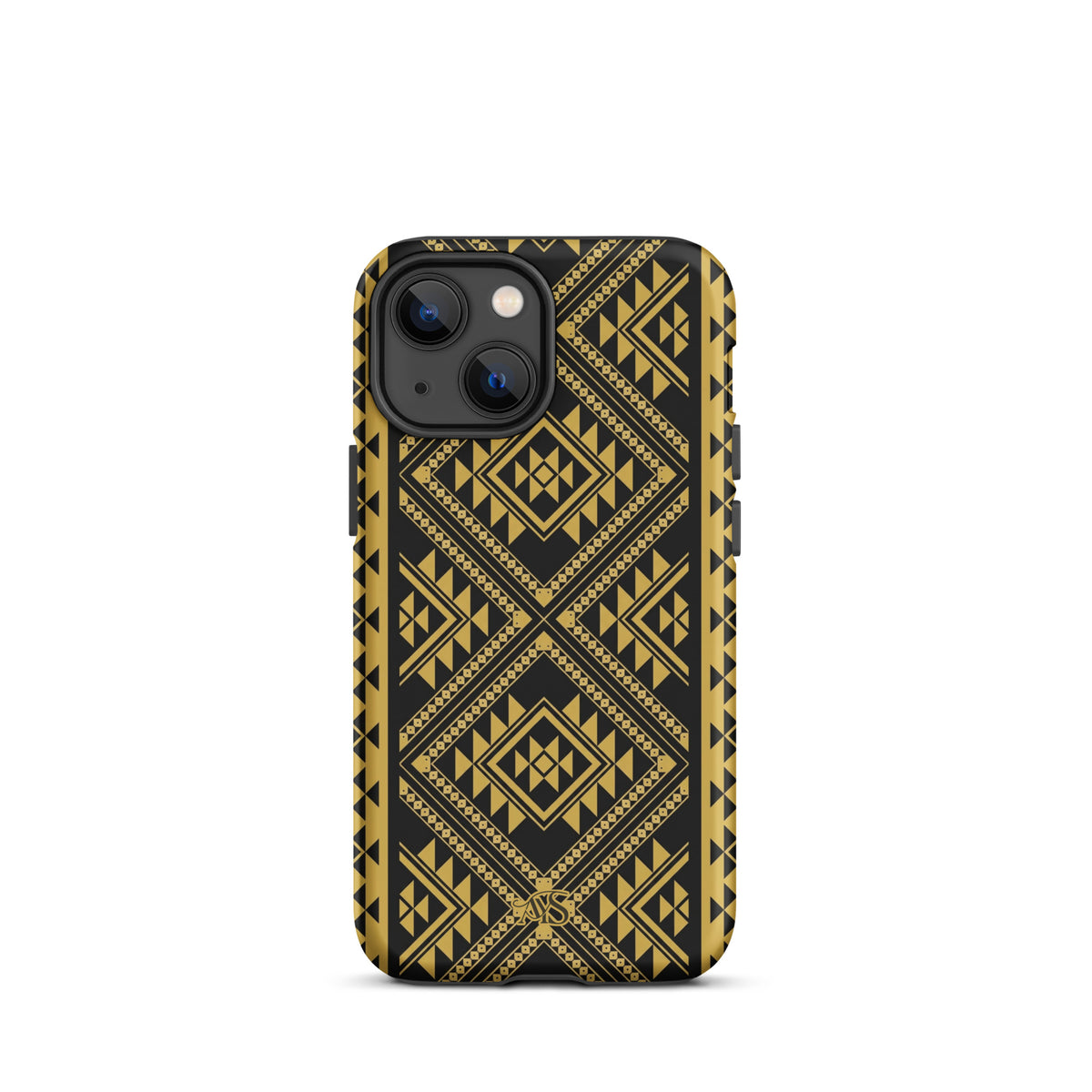 Midnight Prestige Geometric Tough Phone Case with a black-and-gold pattern and AYS logo at the bottom, designed for iPhone 13 mini