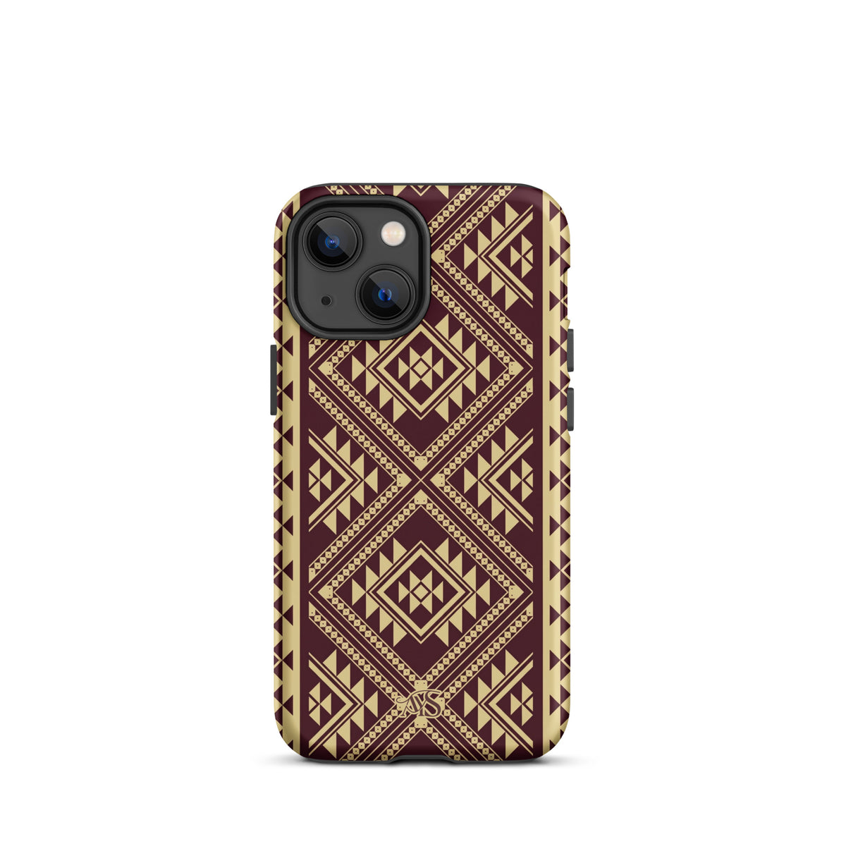 Burgundy Rose Geometric Tough Phone Case with a burgundy-and-rose gold pattern and AYS logo at the bottom, designed for iPhone 13 mini