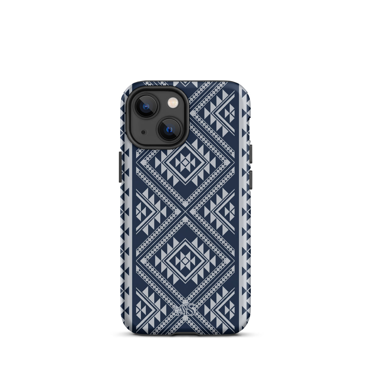 Royal Navy Geometric Tough Phone Case with a Royal Navy-and-silver pattern and AYS logo at the bottom, designed for iPhone 13 mini