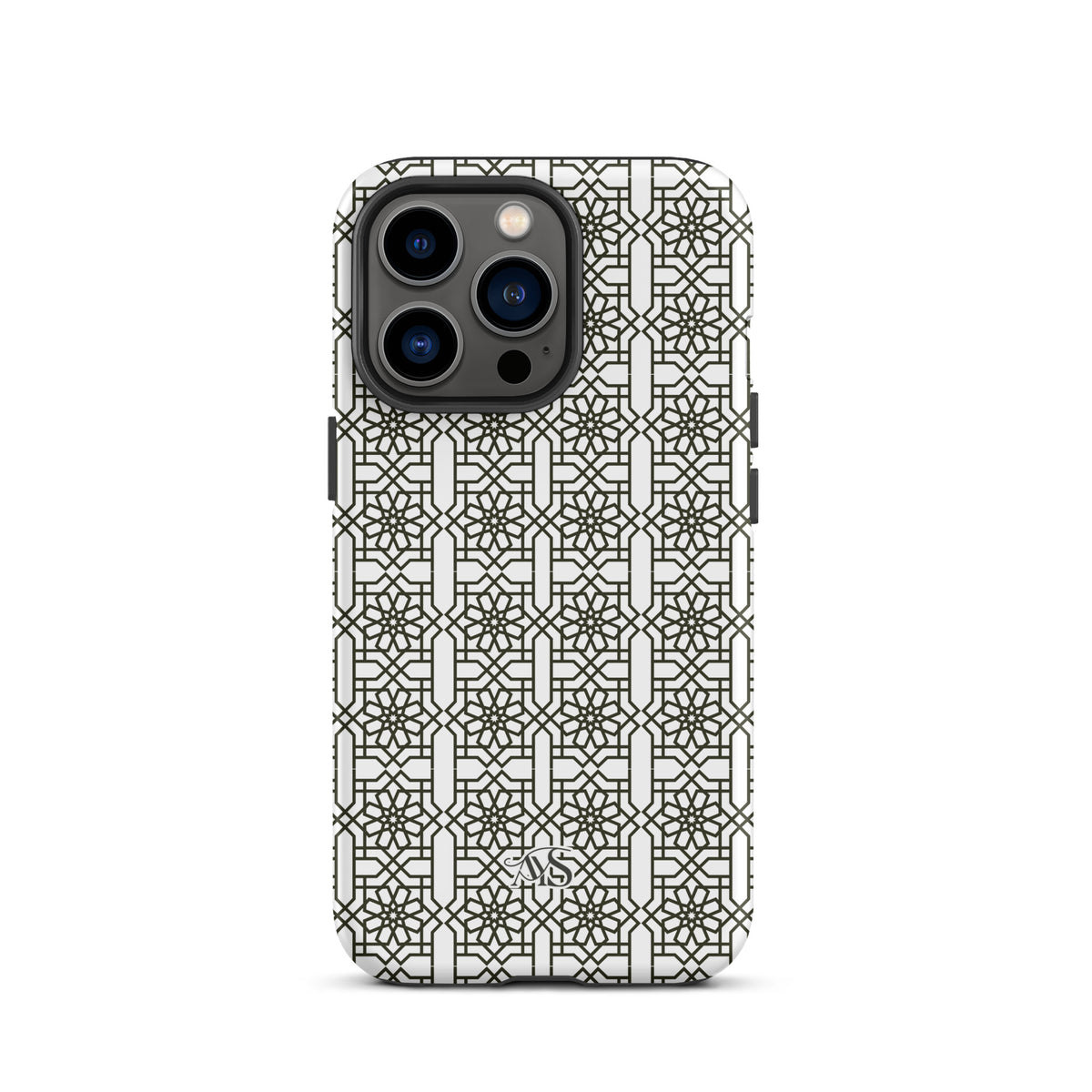 White Classic Noor geometric tough phone case with a black-and-white pattern and AYS logo at the bottom, designed for iPhone 13 Pro