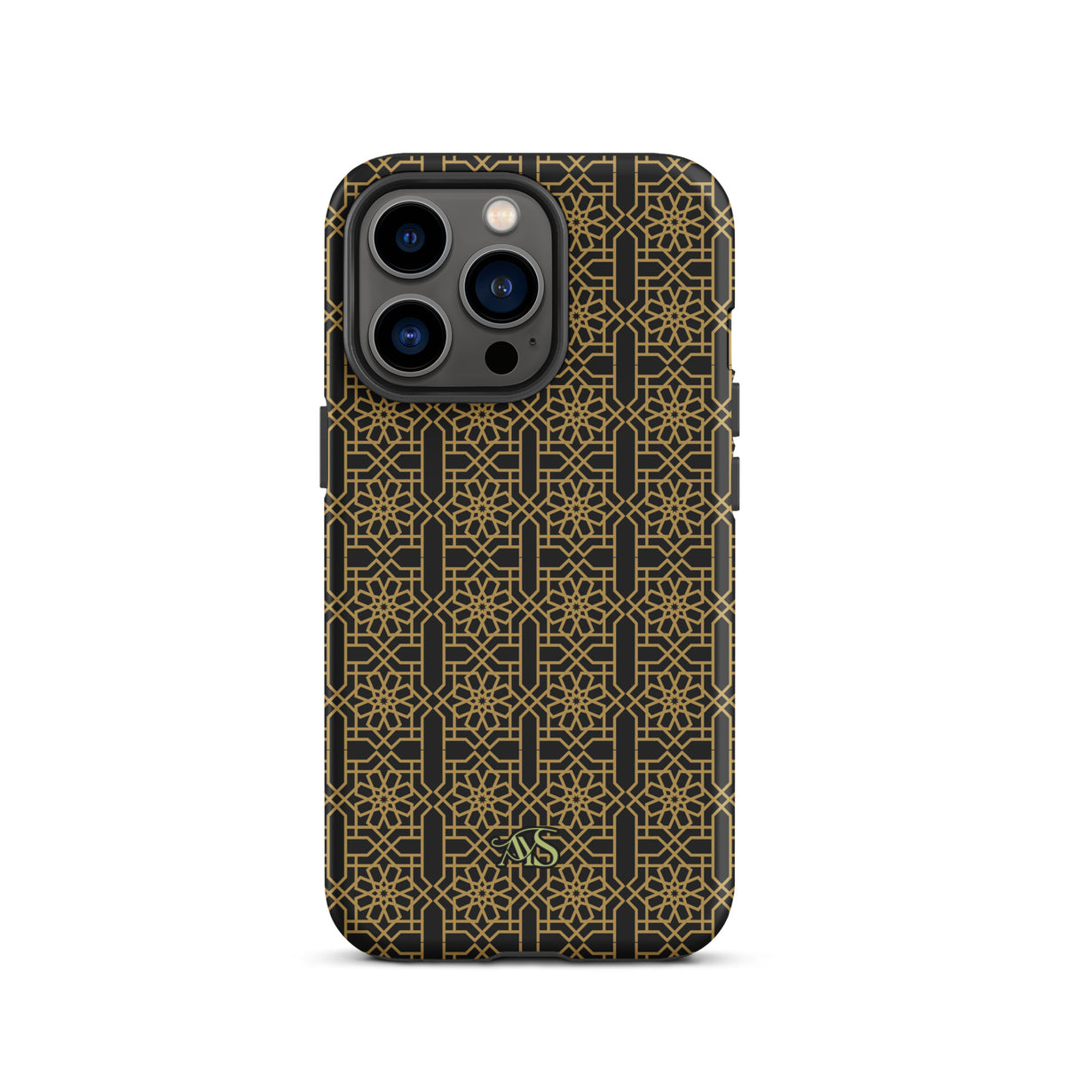 Midnight Gold Noor Tough Phone Case with a black-and-gold pattern and AYS logo at the bottom, designed for iPhone 13 Pro