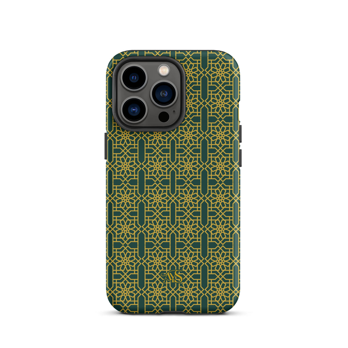 Emerald Gold Noor Tough Phone Case with a green-and-gold pattern and AYS logo at the bottom, designed for iPhone 13 Pro