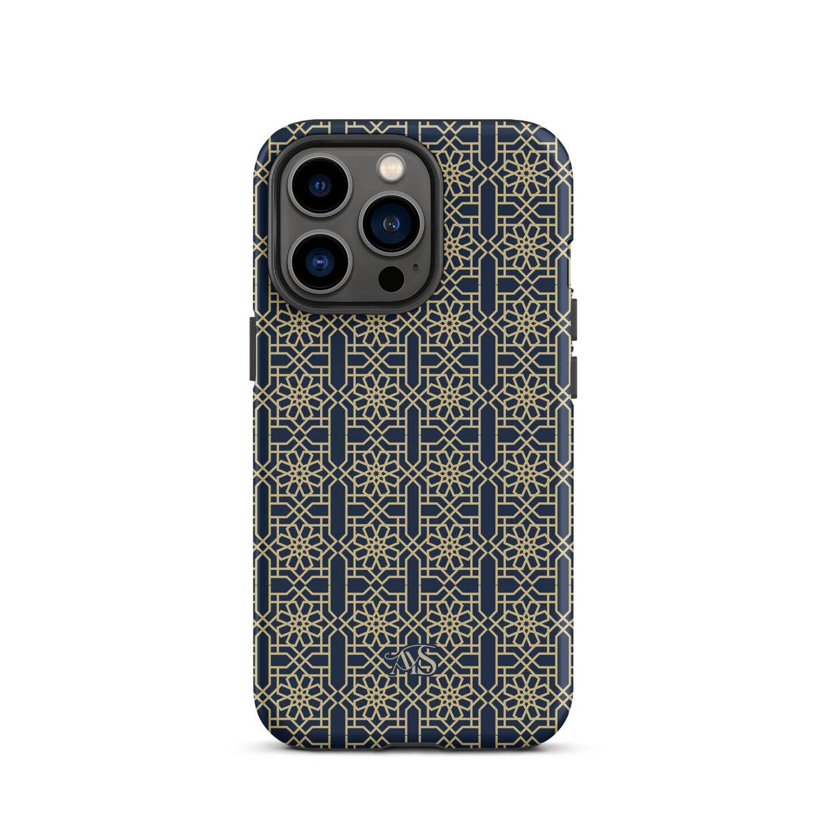 Royal Navy Noor Tough Phone Case with a blue-and-gold pattern and AYS logo at the bottom, designed for iPhone 13 Pro
