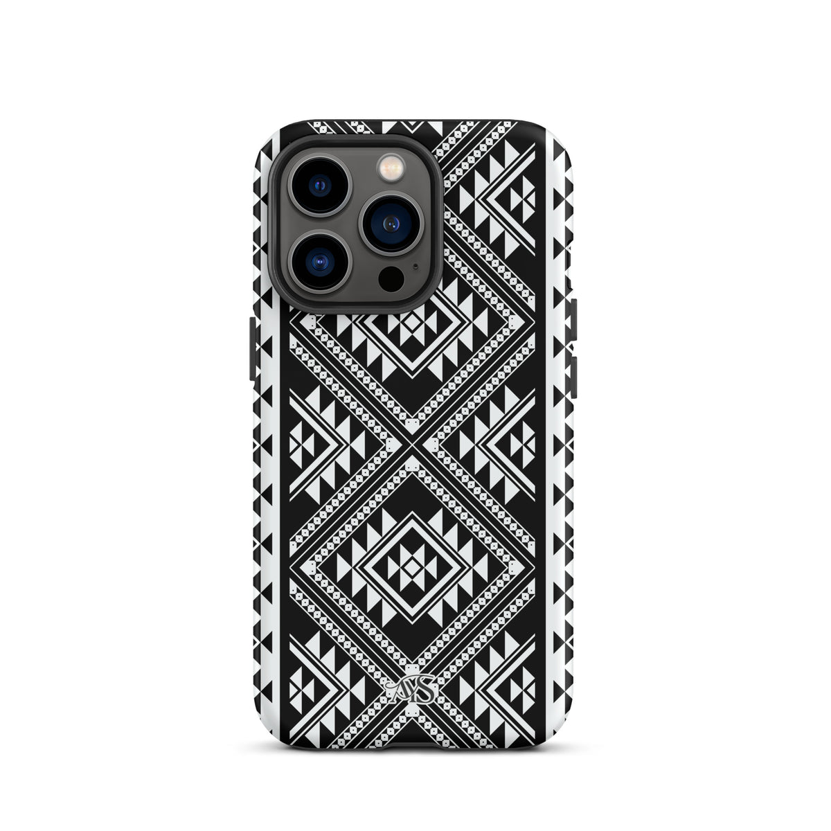 Monochrome Geometric Tough Phone Case with a black-and-white pattern and AYS logo at the bottom, designed for iPhone 13 Pro