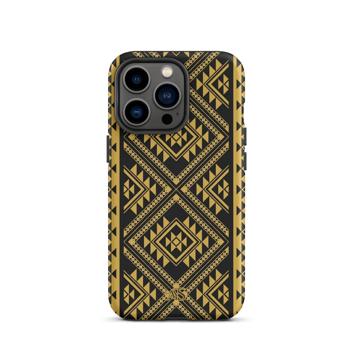 Midnight Prestige Geometric Tough Phone Case with a black-and-gold pattern and AYS logo at the bottom, designed for iPhone 13 Pro