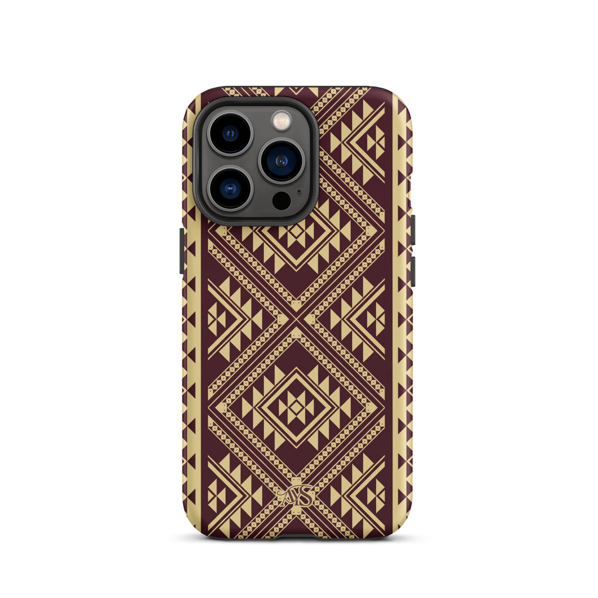 Burgundy Rose Geometric Tough Phone Case with a burgundy-and-rose gold pattern and AYS logo at the bottom, designed for iPhone 13 Pro