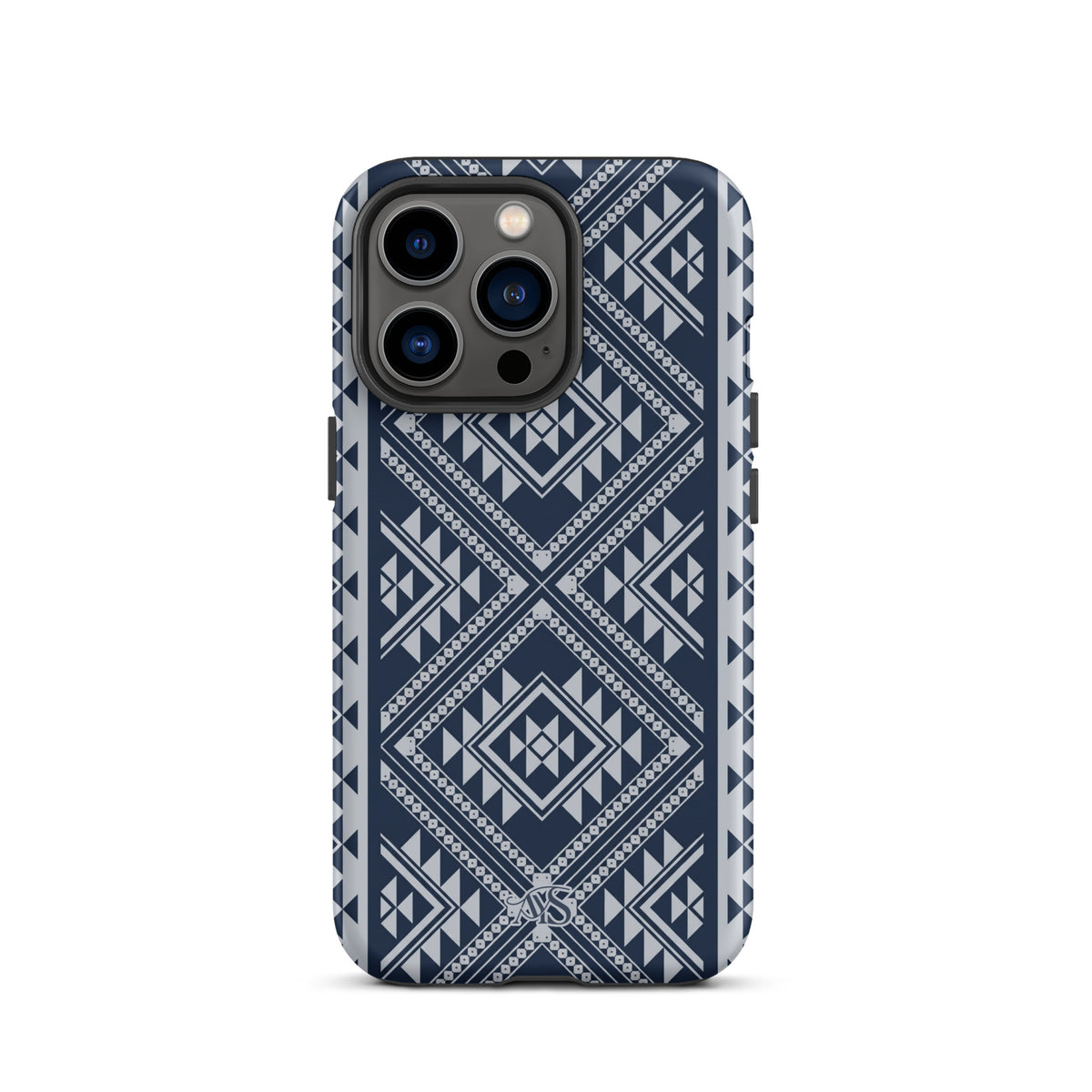 Royal Navy Geometric Tough Phone Case with a Royal Navy-and-silver pattern and AYS logo at the bottom, designed for iPhone 13 Pro