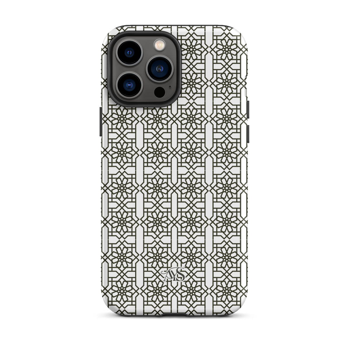 White Classic Noor geometric tough phone case with a black-and-white pattern and AYS logo at the bottom, designed for iPhone 13 Pro Max