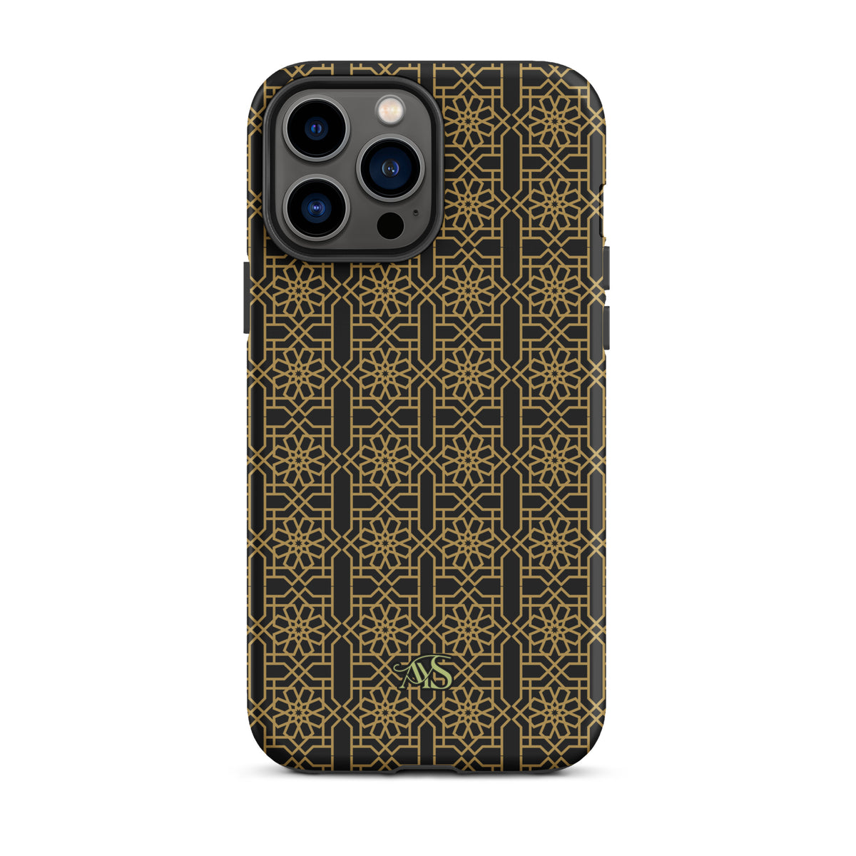 Midnight Gold Noor Tough Phone Case with a black-and-gold pattern and AYS logo at the bottom, designed for iPhone 13 Pro Max