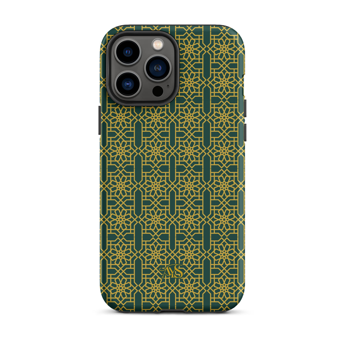 Emerald Gold Noor Tough Phone Case with a green-and-gold pattern and AYS logo at the bottom, designed for iPhone 13 Pro Max