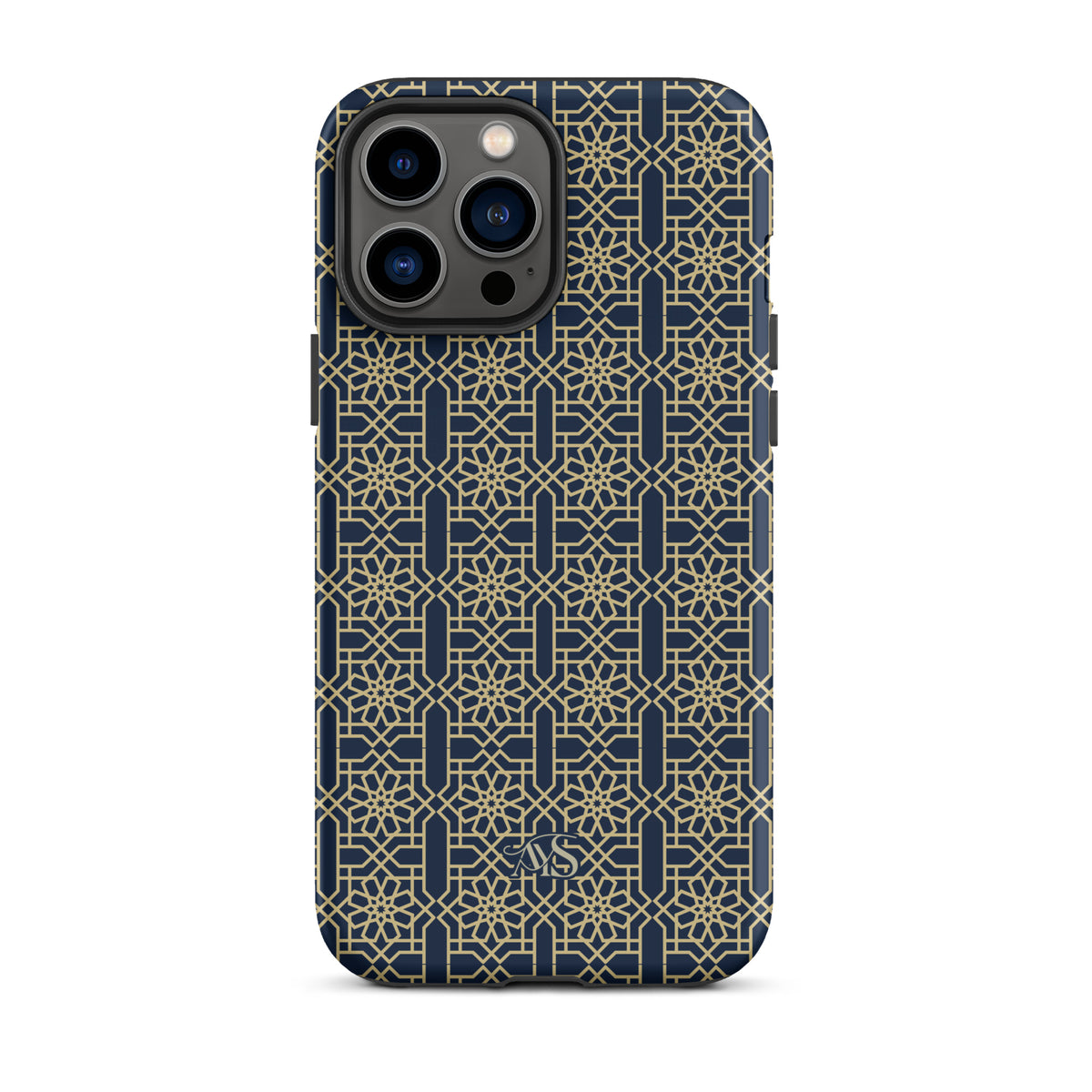 Royal Navy Noor Tough Phone Case with a blue-and-gold pattern and AYS logo at the bottom, designed for iPhone 13 Pro Max