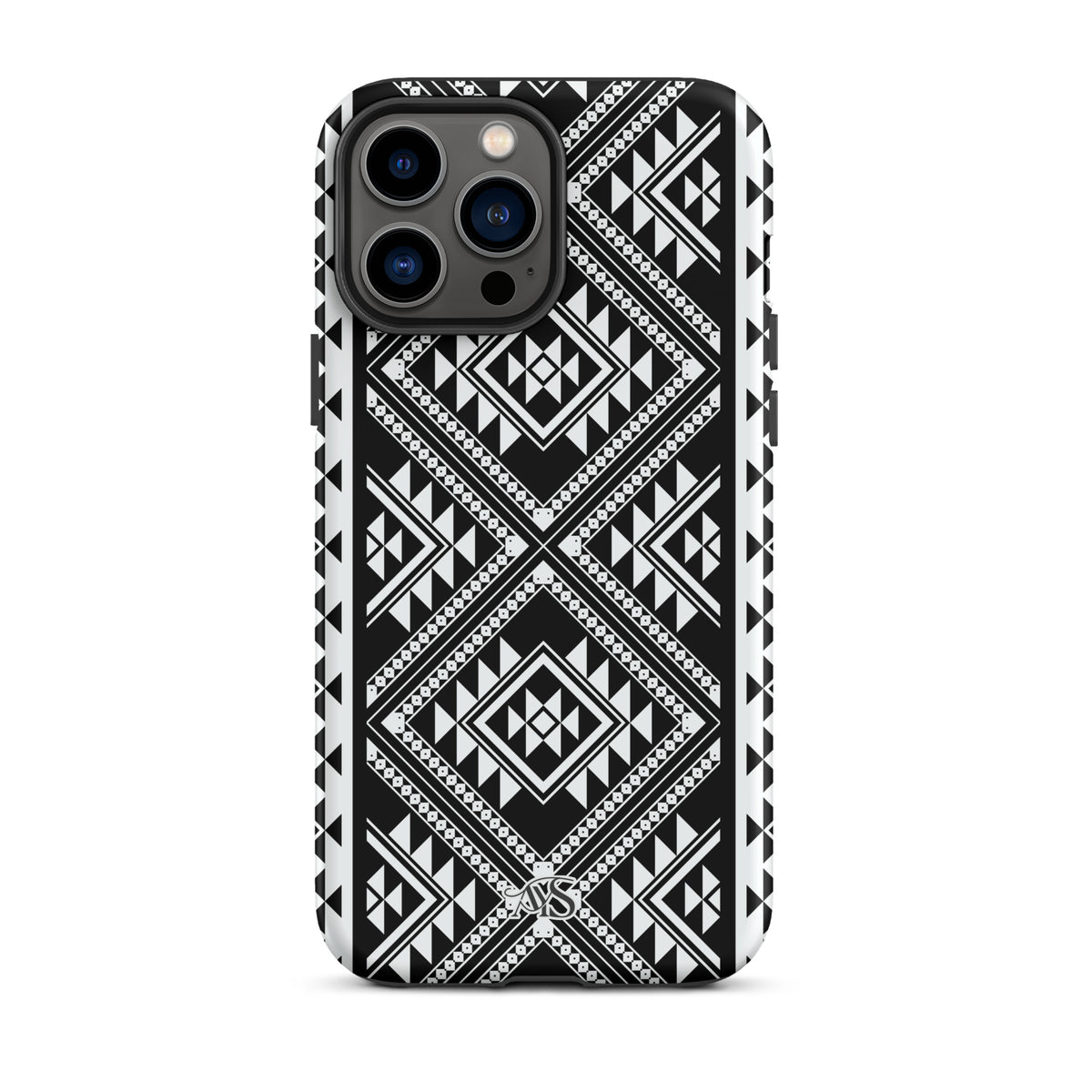 Monochrome Geometric Tough Phone Case with a black-and-white pattern and AYS logo at the bottom, designed for iPhone 13 Pro Max