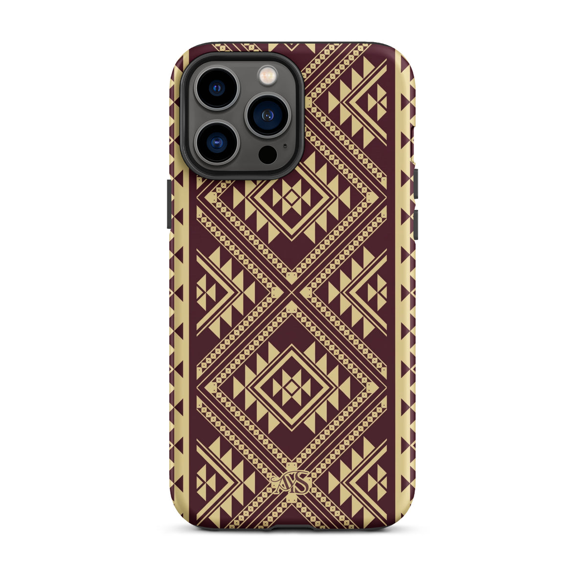Burgundy Rose Geometric Tough Phone Case with a burgundy-and-rose gold pattern and AYS logo at the bottom, designed for iPhone 13 Pro Max