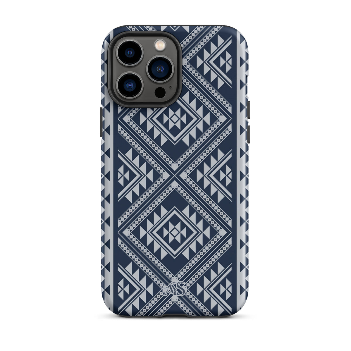 Royal Navy Geometric Tough Phone Case with a Royal Navy-and-silver pattern and AYS logo at the bottom, designed for iPhone 13 Pro Max