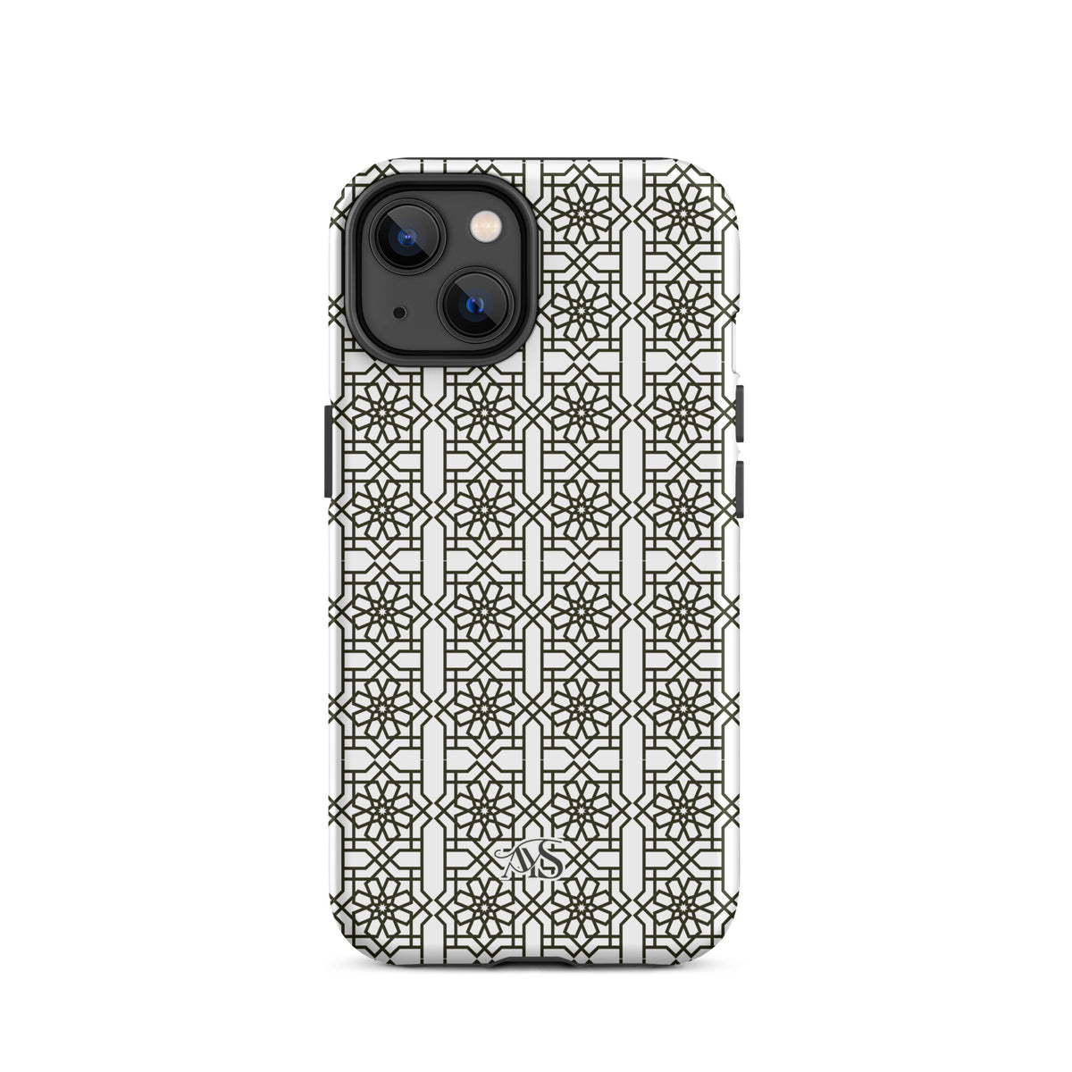 White Classic Noor geometric tough phone case with a black-and-white pattern and AYS logo at the bottom, designed for iPhone 14