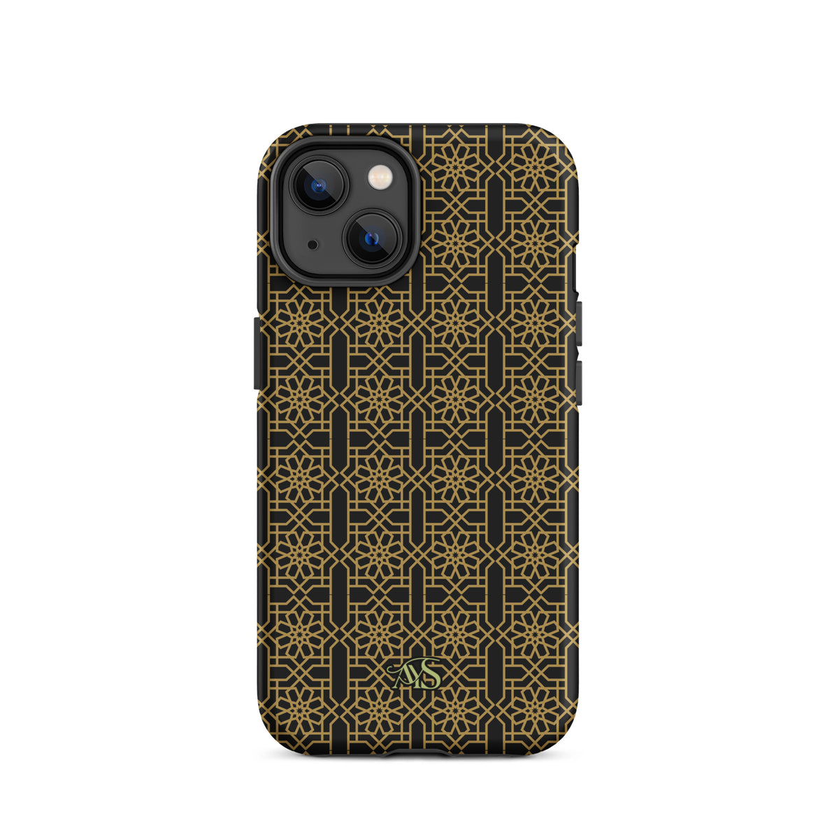 Midnight Gold Noor Tough Phone Case with a black-and-gold pattern and AYS logo at the bottom, designed for iPhone 14