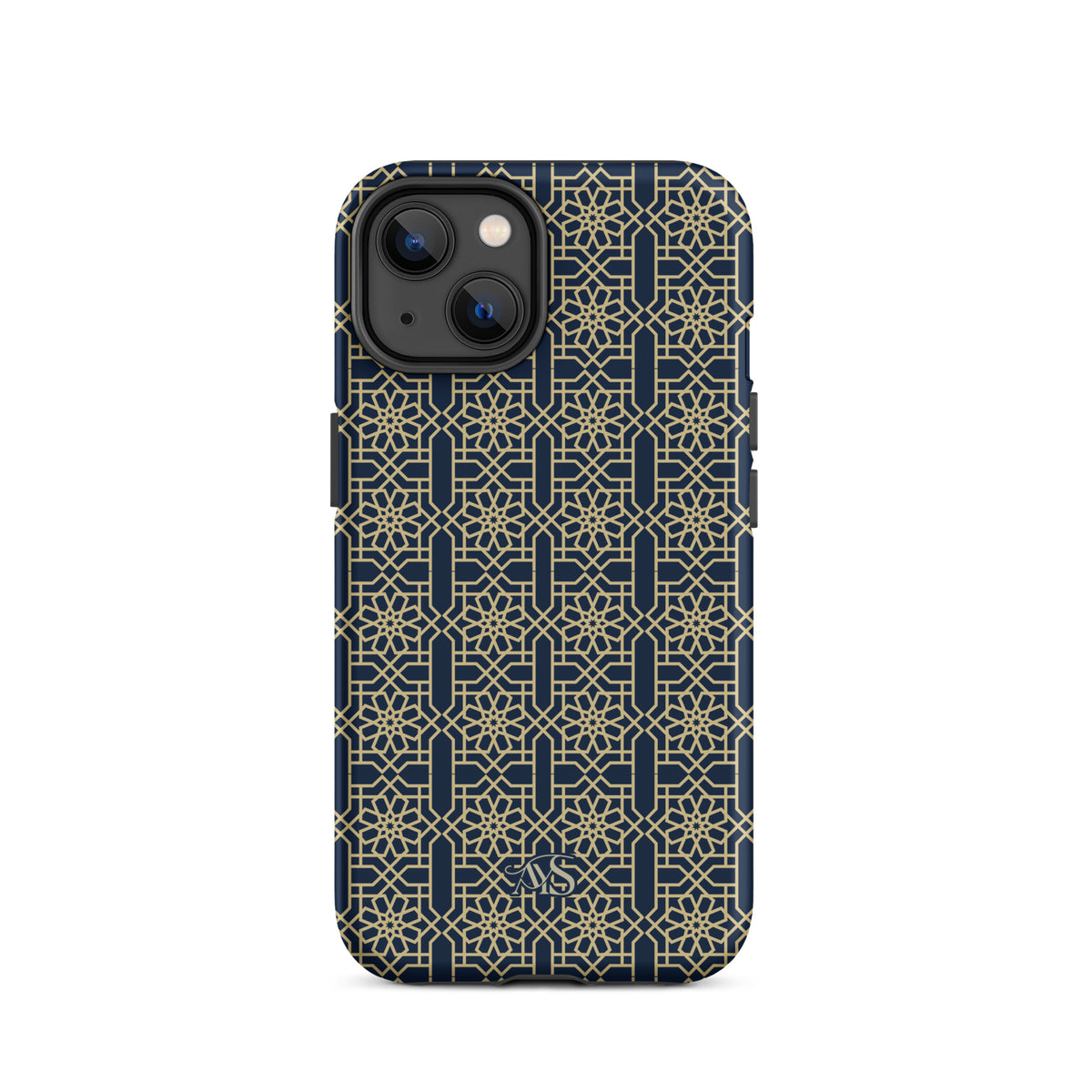 Royal Navy Noor Tough Phone Case with a blue-and-gold pattern and AYS logo at the bottom, designed for iPhone 14