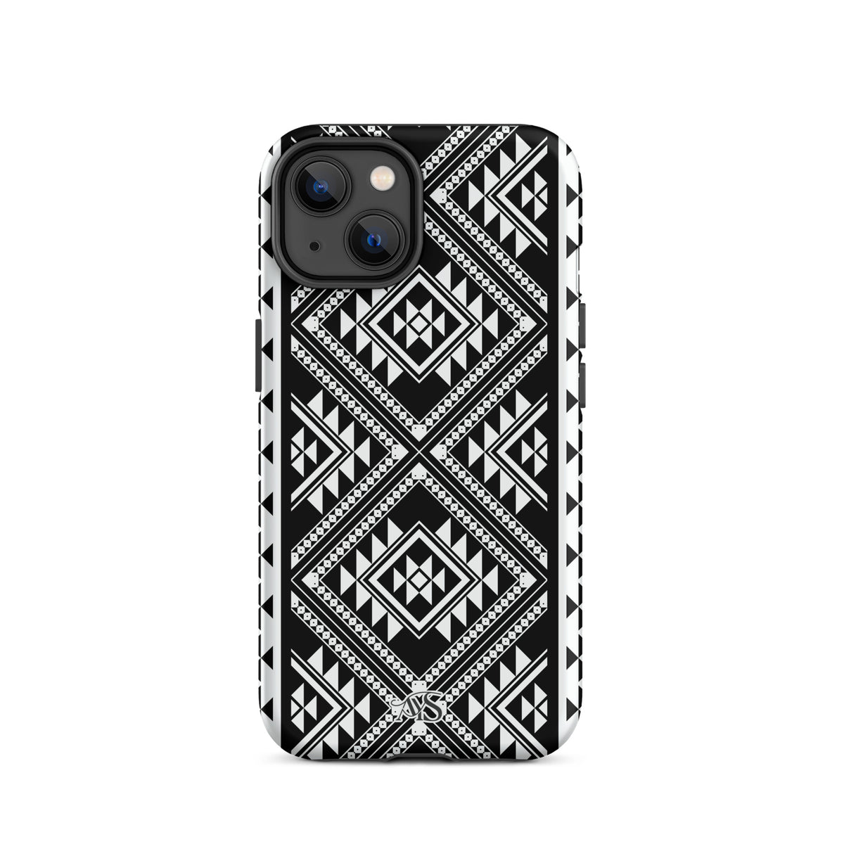 Monochrome Geometric Tough Phone Case with a black-and-white pattern and AYS logo at the bottom, designed for iPhone 14