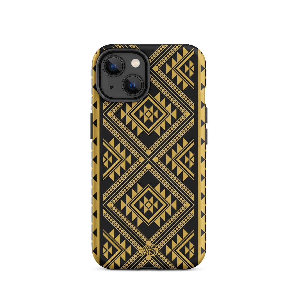 Midnight Prestige Geometric Tough Phone Case with a black-and-gold pattern and AYS logo at the bottom, designed for iPhone 14