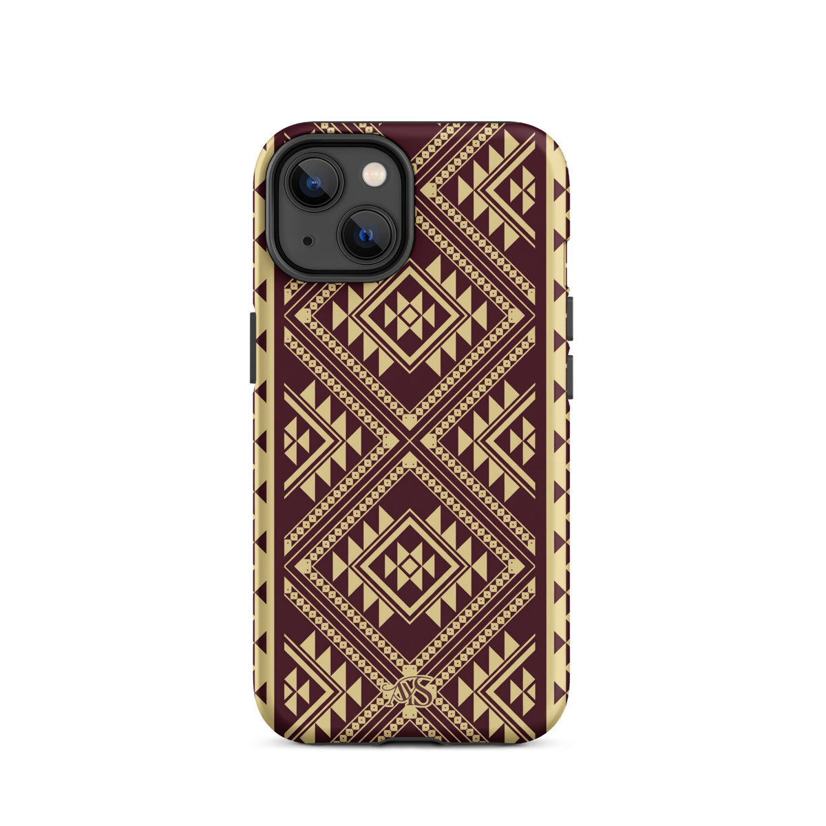 Burgundy Rose Geometric Tough Phone Case with a burgundy-and-rose gold pattern and AYS logo at the bottom, designed for iPhone 14