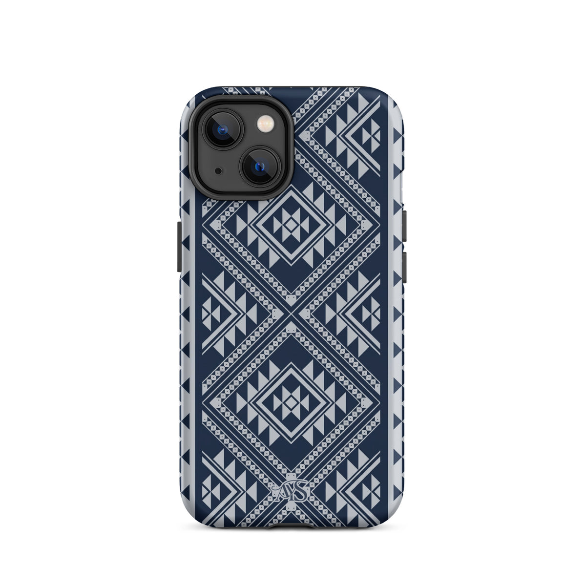 Royal Navy Geometric Tough Phone Case with a Royal Navy-and-silver pattern and AYS logo at the bottom, designed for iPhone 14