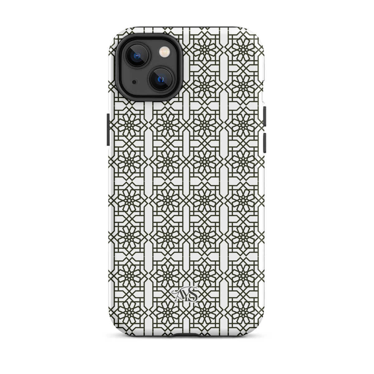 White Classic Noor geometric tough phone case with a black-and-white pattern and AYS logo at the bottom, designed for iPhone 14 Plus