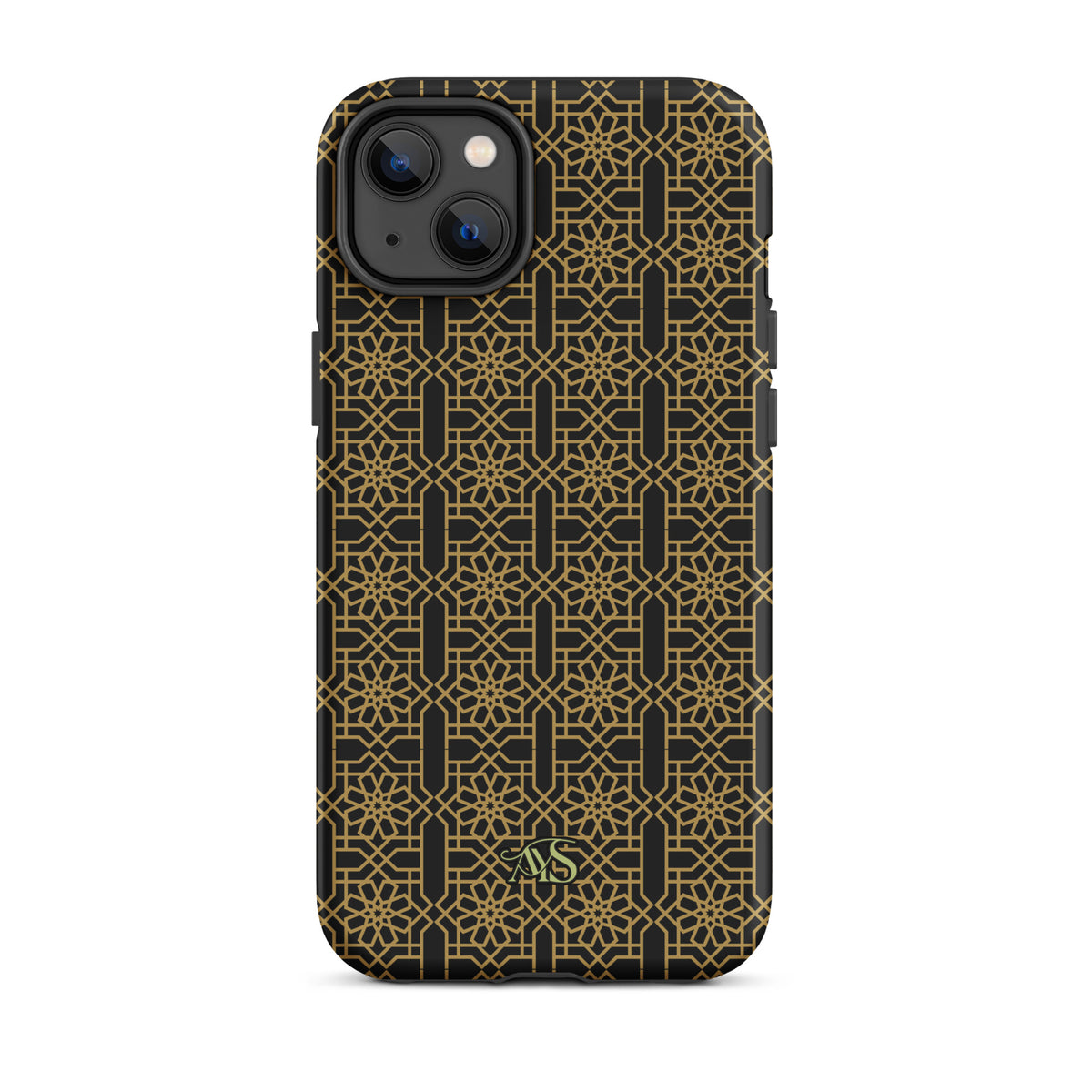 Midnight Gold Noor Tough Phone Case with a black-and-gold pattern and AYS logo at the bottom, designed for iPhone 14 Plus