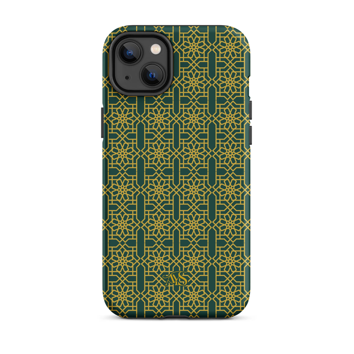 Emerald Gold Noor Tough Phone Case with a green-and-gold pattern and AYS logo at the bottom, designed for iPhone 14 Plus