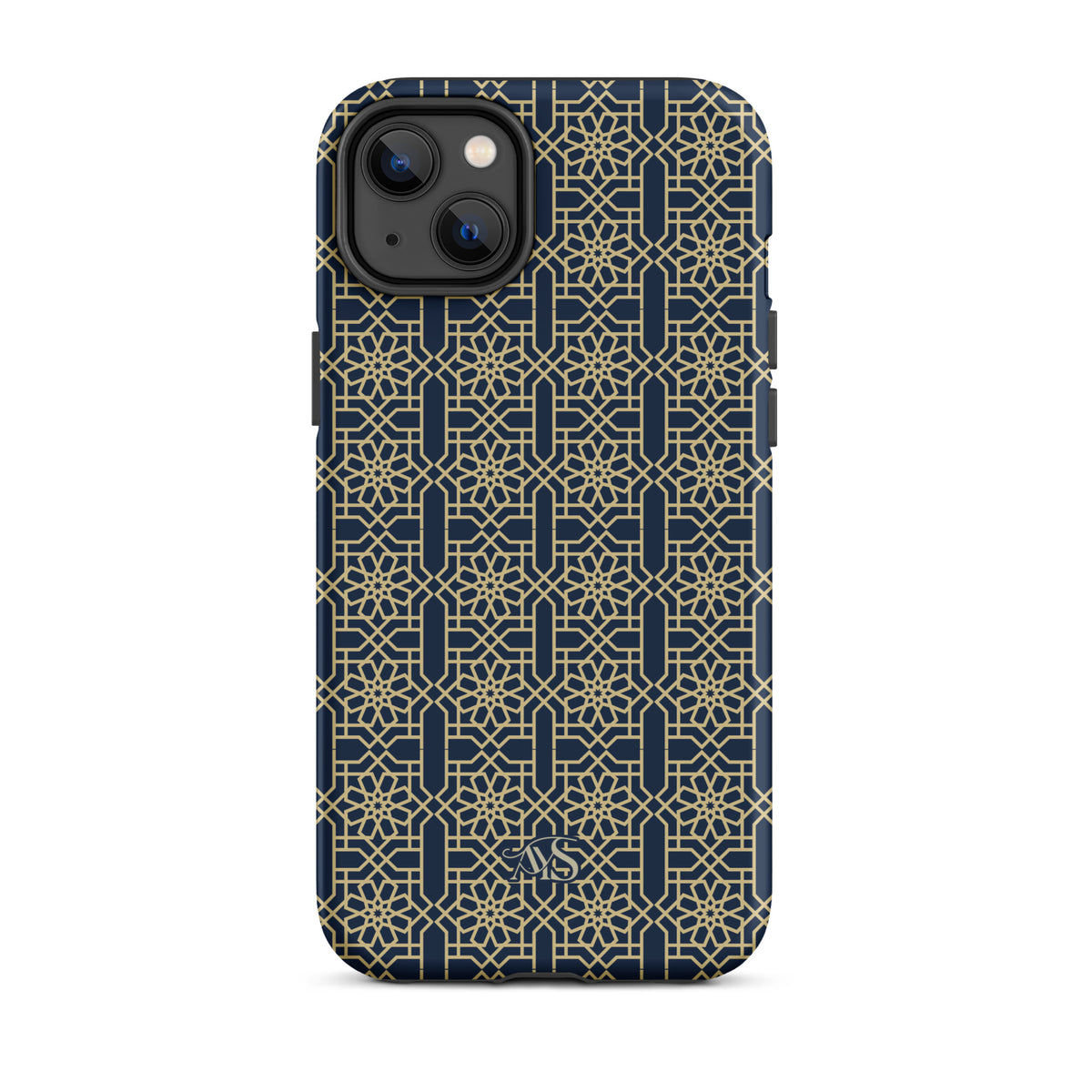 Royal Navy Noor Tough Phone Case with a blue-and-gold pattern and AYS logo at the bottom, designed for iPhone 14 Plus